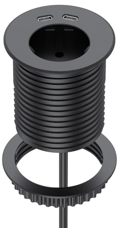 Enchufe empotrable con USB C, enchufe de mesa Dinolink con Schuko, 2 puertos USB C, cable de 2 m, enchufe de escritorio para oficina y taller, tablero de mesa, diámetro de 60 mm
