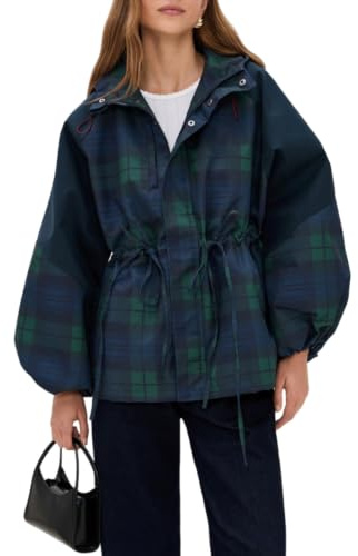 HALO RAIN Women's Plaid Raincoat Casual Showerproof Rain Jacket Windbreaker with Hood Outdoor