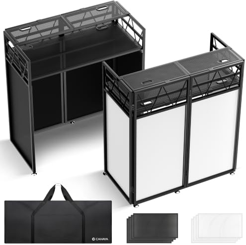 CAHAYA DJ Booth, Faltbarer DJ Tisch mit Doppelablage, 103,5×50 cm | Schwarze & Weiße Stretchhussen, 2 Kabelöffnungen und 600D Tragetasche – für Hochzeiten, Partys, Events & Mobile Gigs