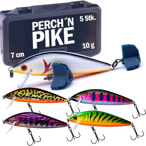 5er Wobbler Set mit Tackle-Box, 7cm I 10g sinkende Minnow-Forellenköder, Kunstköder für Spinnfischen auf Forelle, Barsch, Hecht und Zander, Angelzubehör in verschiedenen Dekoren für Raubfischangler