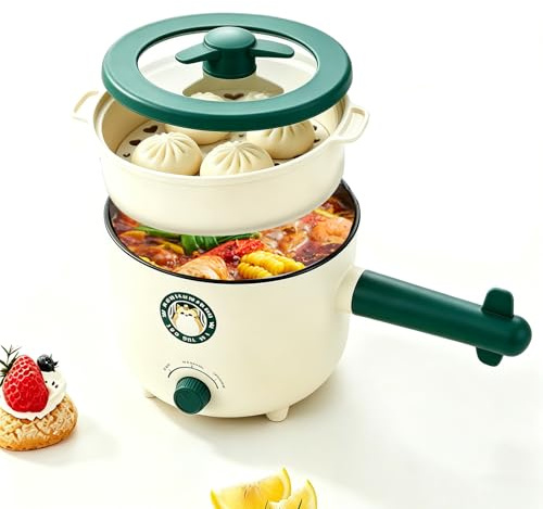 Cuiseur électrique multifonctions avec panier vapeur, 1,5 L, antiadhésif, pour pâtes, steak, œufs et flocons d'avoine. Idéal pour les voyages