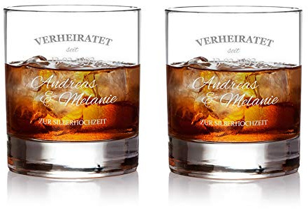 AMAVEL 2er Set Whiskygläser, Silberhochzeit, Whiskyglas mit Gravur, Personalisiert mit Namen und Datum, Whiskygläser Tumbler, Geschenke für Ehepaar 25. Hochzeitstag, 320 ml