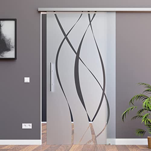 BM6-900-420-AS: Schiebetürsystem ESG 900x2050x8mm Dekor M6, Siebdruck; Schienensystem ALU SlimLine SoftStop; Griffstange rund 420