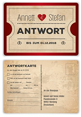 80 x Antwortkarte Hochzeit Hochzeitskarten Antwort Postkarte - Vintage Herz Rot