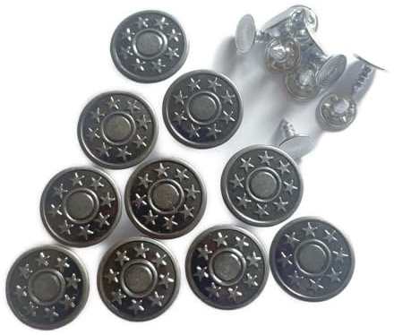 Telliswelt 10 Jeansknöpfe nähfrei 8 Sterne altsilber, 17 mm | 10 nähfreie Jeansknöpfe 8-Sterne, altsilber, 17 mm, Metall/Kunststoff. Ersatzknopf für Jeans und Jacken, ohne Nähen.