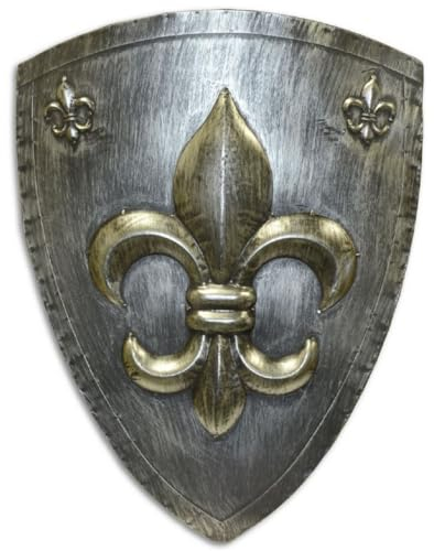 Casa Padrino Metall Ritterschild mit dekorativer französischer Lilie Antik Silber/Gold 54 x H. 71 cm - Mittelalter Deko - Wanddeko