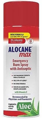 ALOCANE Max Burn Spray, Lidocaine Spray Maximum Strength with Antiseptic, 4% Lidocaine, Fast Pain Itch Relief, Cuts, Scrapes, First-Degree Burns, First Aid Treatment, After Sun-Spray, 4 Fluid Ounce