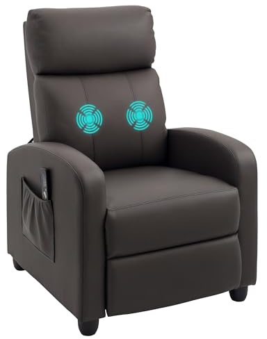 HOMCOM Recliner Armchair, Massage Faux Leather Push Back Reclining Chair with Adjustable Leg Rest, Side Pocket, for Home Living Room Theatre, Brown