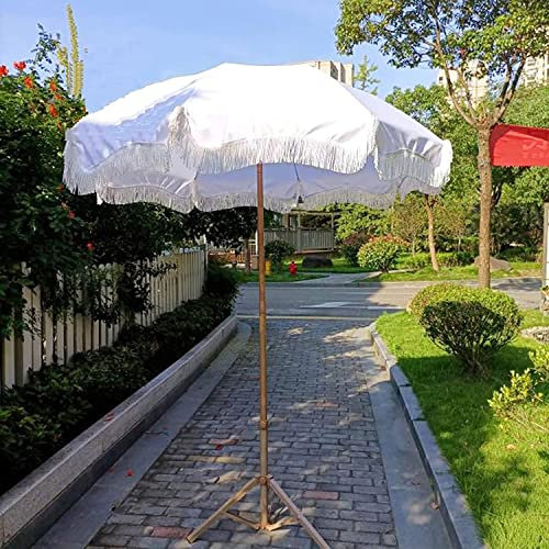 JJ Home Parasol de Plage de 200cm avec Franges, Parasol de Jardin Portable UV50+ Blanc avec Bouton Poussoir inclinable, Parasol pour Pique-Nique, Camping, Mariage.