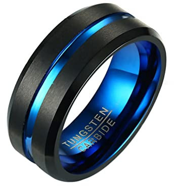 Homxi Herrenring Wolframcarbid Gravur,Rund mit Linie 8MM Ring Herren Schwarz Blau Ringe Herren Größe 60 (19.1)