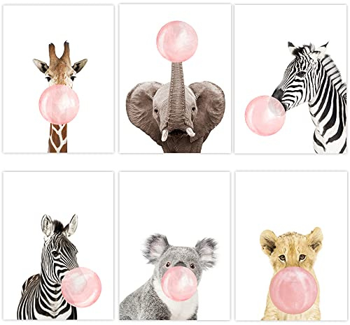 6 Poster Tiere Kaugummi Rosa Poster Wanddekoration Mädchen Leinwand Kinder Deko Zimmer Bild für Baby Geschenk Tafel 21 x 30 cm ohne Rahmen