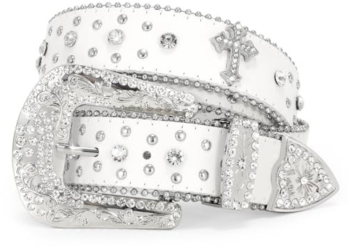 WERFORU Cinturón con remaches de diamantes de imitación para mujer y hombre, cinturón de cuero occidental para vaquera, vaquero, vintage, cinturón para pantalones, D-blanco (cruces), Anzug für