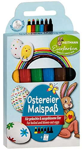 Heitmann Eierfarben - Ostereier Malspaß - 6 Malstifte in Gelb, Rot, Grün, Blau, Braun und Schwarz + Malbuch