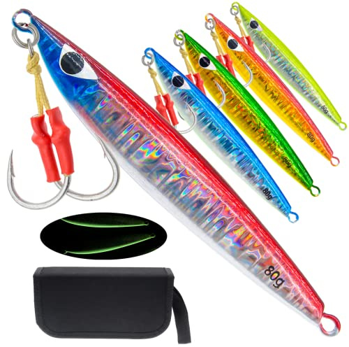 Gefischtter 5pcs Fishing Jigs Saltwater Fishing Lures Vertical Slow Pitch Metal Jigging Spoon with Assist Hooks Jig Hooks Sea Fishing Jigging Lure Glow Lead Jigs for Tuna,Bass,Dogtooth,Grouper