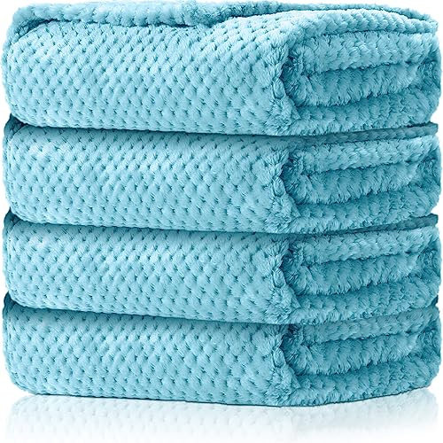 Reginary 4 Pack Fuzzy Blanket 30 x 40'' Waffle Flannel Baby Throw Blankets Warm Nursery & Crib Blankets for Girl & Boy Newborn Infant(Light Blue)