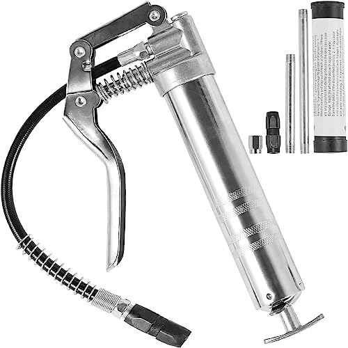 VEVOR Fettpresse, 3500 PSI, 4 OZ / 120 CC Kapazität, professionelle Handhebelpresse, mit 11,65-Zoll-Flexschlauch, 2 schwarzen Flachkupplungen, 1 verstärkter Düse und 2 Starren Metallrohren