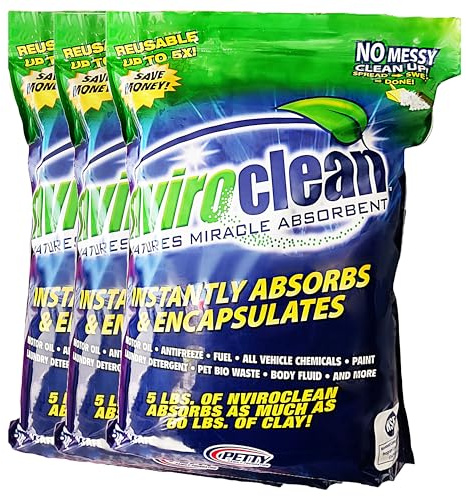 nviroclean 5 libras (paquete de 3) absorbe hasta 180 libras. Súper absorbente y encapsulante. Uso comercial, industrial y doméstico para aceite, anticongelante, alimentos, pintura, residuos de