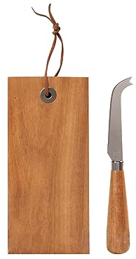 H&H Set Coltello da Formaggio in Acciaio Inox, Manico in Legno, Tagliere in Acacia 22x10cm, Confezione Regalo