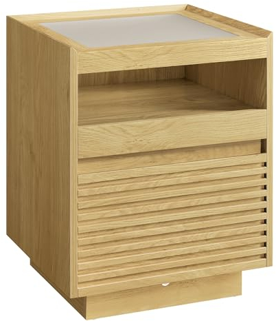 VASAGLE Nachttisch mit LED-Beleuchtung, Beistelltisch, Schublade, ausziehbare Ablage, obere Beleuchtung in 3 Farben einstellbar, untere mit Bewegungssensor, Schlafzimmer, natureichenfarben LET614Y70