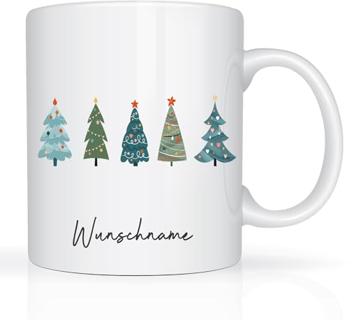 Print-Klex Tasse mit Namen und Tannenbäume Motiv Bedruckt Namentasse Namensbecher Xmas Geschenktasse Weiß Kaffeebecher Weihnachtstasse Keramik mit Druck 330ml Tasse zu Weihnachten Weihnachtsbecher