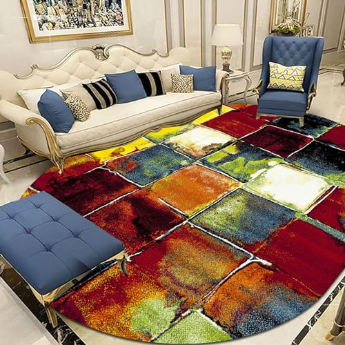QJDTZMD Teppich Läufer Flur Küche rutschfest Waschbar Abstraktes mehrfarbiges quadratisches Ölgemälde in Gelb, Rot, Grün, Gelb, oval, 130 x 150 cm Modern Teppichläufer
