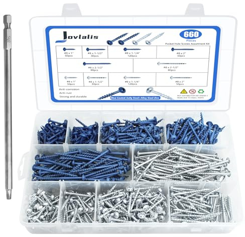 660 PCS Pocket Hole Screws Assortment Kit, 5 Sizes #8 x 1, 1-1/4, 1-1/2, 2, 2-1/2,Square Drive Self Tapping Coarse Thread Wood Screws Set, Blue Coated and Zinc Coated, Drive Bit Included