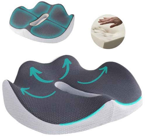 Viuxil Cojin Silla Oficina Ergonómico – Cojín para Coxis Viscoelástico, Cojin Asiento Coche, Alivio Lumbar, Silla Gaming, Funda Lavable Y Antideslizante, Espuma Alta Densidad. no antiescaras.