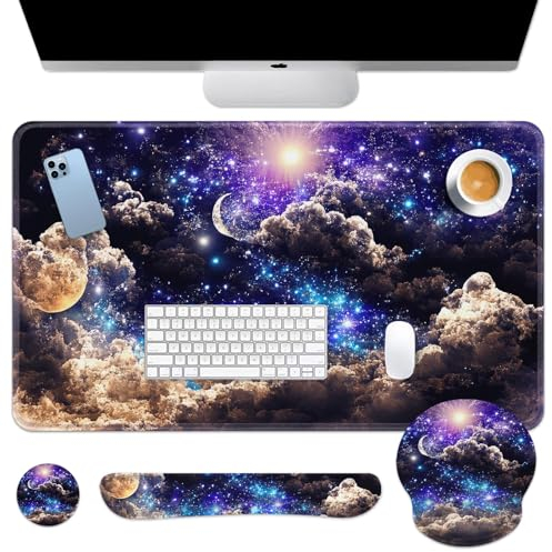 Britimes Ensemble de tapis de souris 4 en 1 avec repose-poignet pour clavier et dessous de verre Motif nuage mignon Bleu 4 en 1