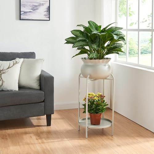[en.casa] Soporte para Plantas con 1 Estante y 1 Macetero extraíble Organizador de Macetas para Oficina Estantería Independiente para Flores Adornos Portamacetas Metal 60x27x27 cm - Gris Claro