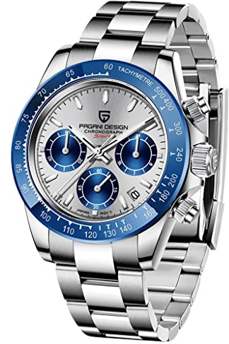 Pagani Design Klassische Quarzuhr für Herren, Japanisches Uhrwerk VK63, Keramik-Lünette, Edelstahl, wasserdicht, Business Sport, Chronograph Datum