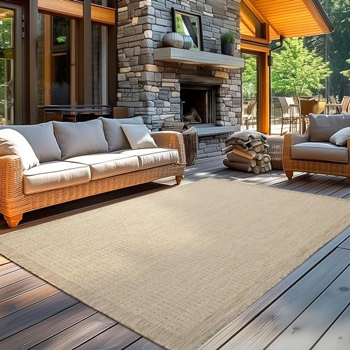 Carpetsale24 In- & Outdoor Teppich Wetterfest 160 x 230 cm Einfarbig Beige - Waschbar, Wasserfest, Pflegeleicht und Flachgewebe - Ideal für Balkon, Garten, Terrasse und als Küchenteppich