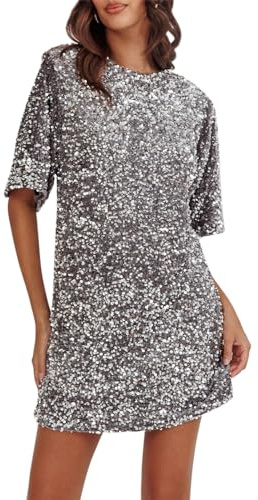 Owegvia Paillettenkleid für Damen, glitzernde Pailletten, Rundhalsausschnitt, kurze Ärmel, Mini-Glitzerkleid, modisch, locker, Geburtstagsparty-Kleid