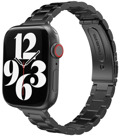 MoKo Slim Metal Band Compatible with Apple Watch 42/44/45/46/49mm | For iWatch Ultra 3/2/1,S11/10/9/8/7/6/5/4/3/2/1,SE3/2/1,Stainless Steel Thin Band,Adjustable Strap,for Women Men, Black