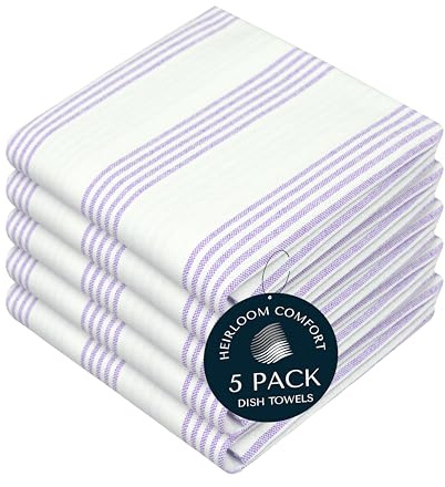 HEIRLOOM COMFORT Lavender Stripe Kitchen Towels, 5 Pack, 100% Cotton, Super Absorbent and Quick Dry, Multi Pin Striped Towel Set, Durable Dish Cloths for Kitchen Use, Cleaning & Drying Dishes
