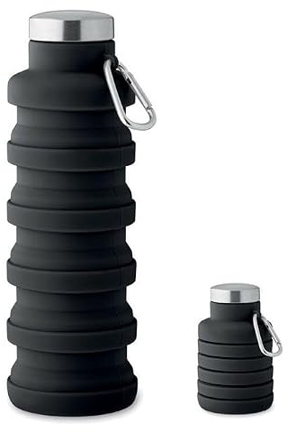 Botella de Agua Plegable de Silicona, 500 ml, con Mosquetón, Negra