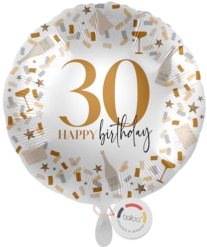 balloa Folienballon 30, runder Helium Ballon zum 30.Geburtstag, Geschenk für Männer oder Frauen, Deko für runde Geburtstagsfeier, Folienballon befüllbar mit Luft oder Helium, Partydeko, 33cm