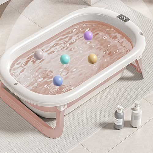 Faltbare Babybadewanne mit rutschfestem Kissen – Tragbares Design für Zuhause und Reisen – Babybadewanne – Faltbare BB-Badewanne, leicht zu reinigen – A-43 × 71 × 18,5 cm (rosa)