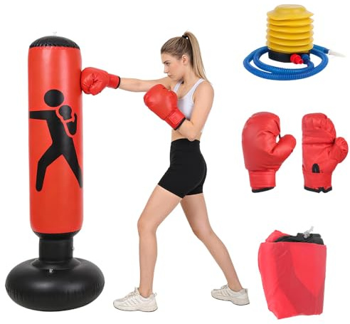 DAJASD Boxningssäck Barn, uppblåsbar punchingboll, stående boxningssäck med handskar, träningsboxningssäck för 4–8