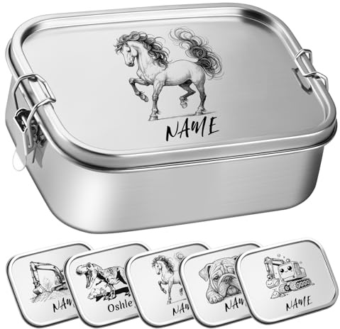 OXYEFEI Fiambrera infantil con compartimentos, fiambrera personalizada de acero inoxidable para niños con nombre, regalo para la entrada al colegio para niños y niñas (Caballo-1, 1000 ml)