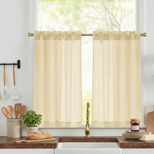 PONY DANCE Yellow Linen Striped Kitchen Curtains W 26 x L 24 Inch,Back Tab & Rod Pocket Cafe Drapes, Light Filtering Short Curtain 2 Panels for Bathroom, Cupboard Base, Sink, Basement, Half Window