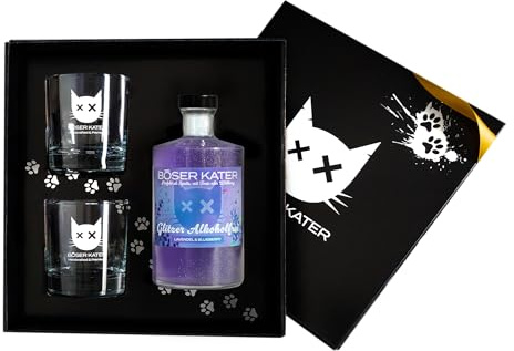 BÖSER KATER Lavendel & Blueberry Alkoholfrei | Glitzer Spritz Aperitif | Das perfekte Geschenk | Hochwertiges Geschenkset mit zwei Gläsern | Kalorienarm mit nur 41 kcal - 0,5l