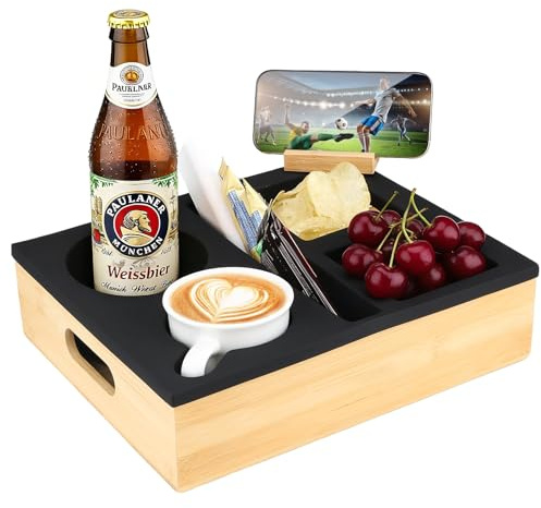 TUT Couchbar Snackbox mit 360Grad Handyhalter, Bambus Snackbox für Sofa mit Fächern, 2 Snackschale, 2 Becherhaltern, Couch Bar Sofatablett für Wohnzimmer, Camping, Party, Personalisierte Geschenke