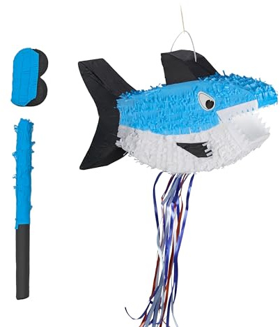 Relaxdays Pinata Hai, mit Stab & Maske, Partypinata Kinder, Geburtstag, zum Befüllen, HxBxT: 29 x 50,5 x 10 cm, bunt