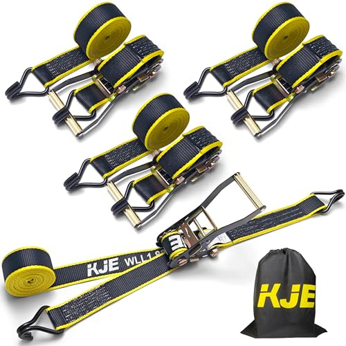 KJE Ratchet Straps Heavy Duty(4 Pack), 2 x 15' Black Ratchet Strap 5,500 Lbs Max Break Strength, Tie Down Ratcheting with J-Hook, Cargo Straps for Truck, Trailer, Moving Appliances