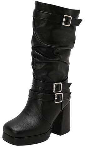 XINXINIO Botas de mujer en gamuza | Botas altas con tacón de bloque y hebilla para invierno, Negro , 46 EU
