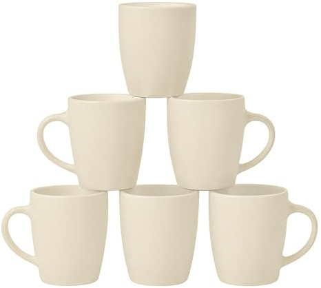 DIVCHI Coffee Mugs Set of 6 Stoneware 360ml Cups with Handle Dishwasher & Microwave Safe Mug Sets Wide Tea Coffee and Hot Chocolate Cup (Cream)