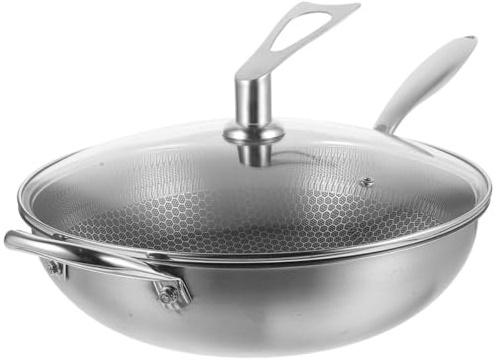 TOGEVAL Wok a Nido D’Ape in Acciaio Inox 34 CM con Coperchio Padella Antiaderente per Cucina Domestica e Ristorante Pentola Versatile per Cottura a Vapore e Frittura
