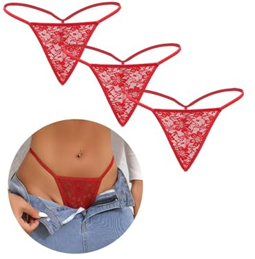 comeondear Women's Lace G-strings Thongs Micro Thongs Plus Size Floral Underwear Ladies Sexy Panties Stretchy Bikini Briefs Red 3Pack