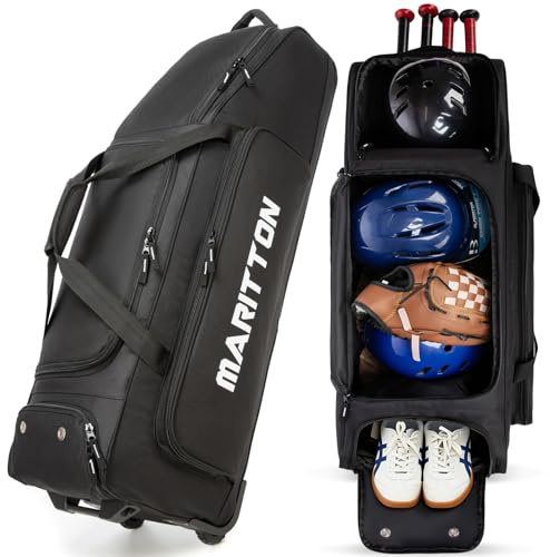 MARITTON Rollende Baseballtasche mit Rollen, große Softballfänger, Ausrüstungstaschen für 4 Schläger mit separatem Schuhfach und Zaunhaken.