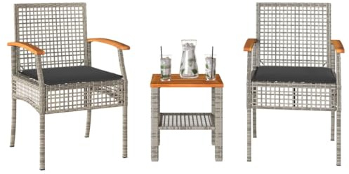Runheo 3-TLG. Bistro-Set mit Kissen Grau Poly Rattan Akazienholz, Outdoor Möbel Balkon Garten Terrasse, UV-beständig, 110 kg Tragfähigkeit